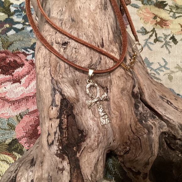 Gold Textured Ankh Cross On Brown Leather Cord 18” - Picture 2 of 3